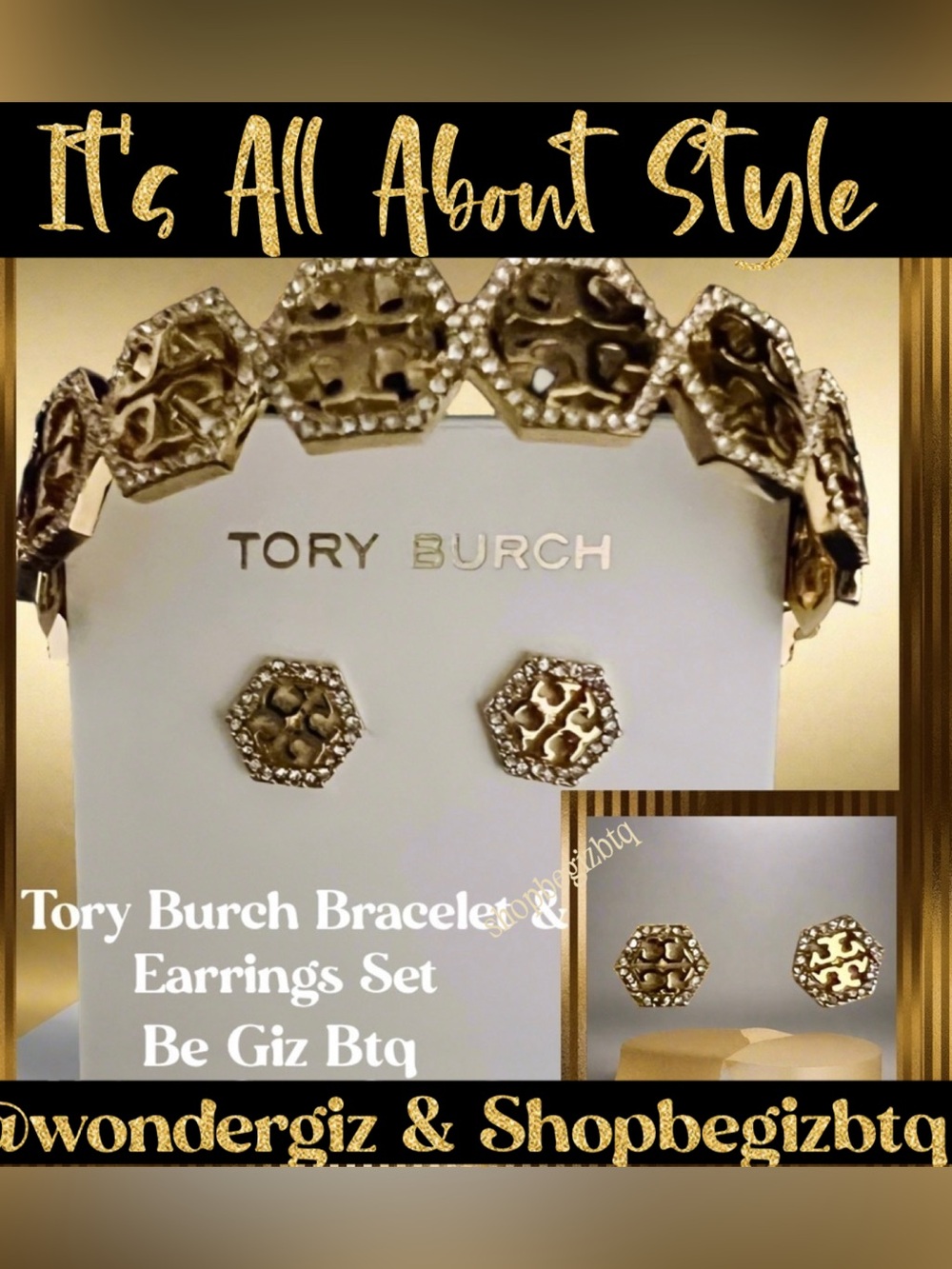 🆕Authentic Tory Burch Hexagon Pave Frozen Logo Bracelet & Earrings Gold & Pavé